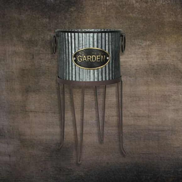 Set of 2 Rustic Galvanized Metal Round Flower Pot Garden Planters With Stands - Picture 4 of 7